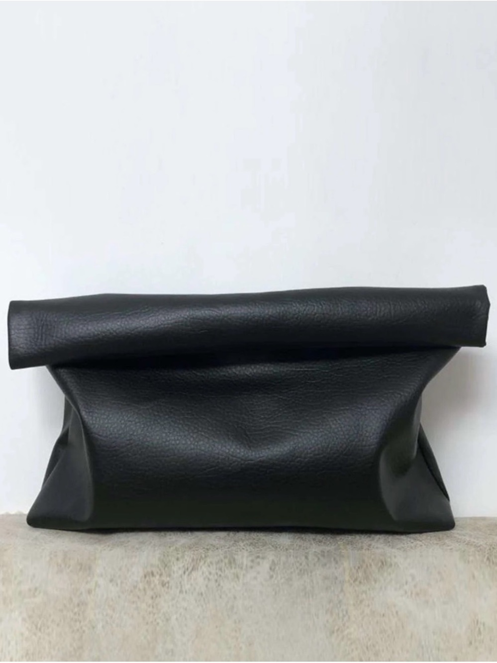 Black Leather Roll-Top Clutch Bag